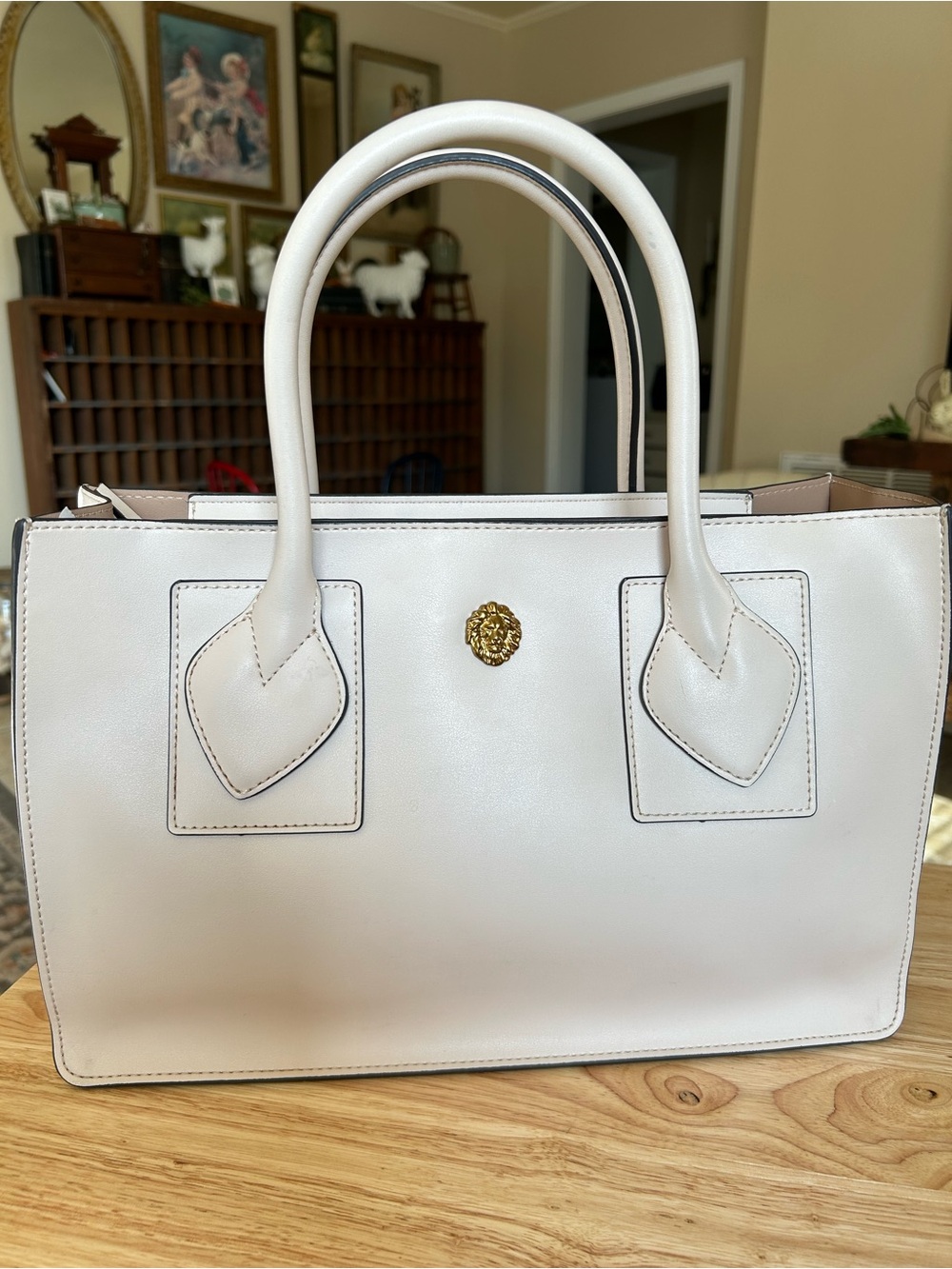 Anne Klein Ivory Leather Tote with Gold Emblem